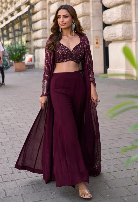 Designer Wine Jacket & Crop Top Indo Western Suit – Modern Party Look
